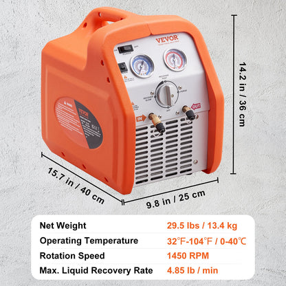 Portable 3/4 HP Refrigerant Recovery Machine - AC Recovery Machine with High Pressure Protection 220-240V 60Hz Recovery Machine HVAC for Vapor Liquid Refrigerant, Car Air Conditioning