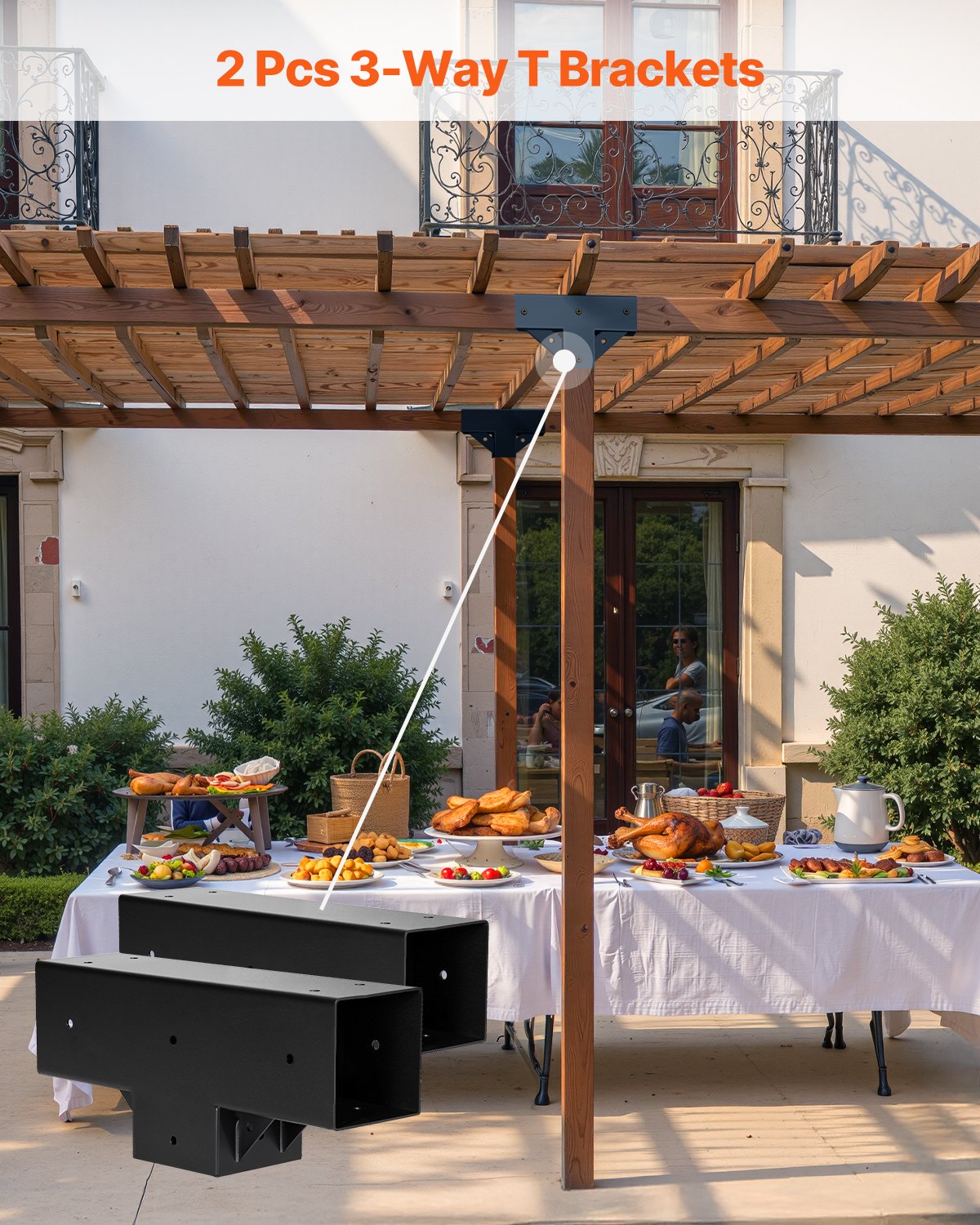 Pergola Kit 2-Pack, T-Shaped 4x4 (Actual 92 x 92 mm), 3-Way Pergola Brackets DIY Woodworking Gazebo Bracket Kit with Screws for 92 x 92 mm Wood Beams in Actual Size for Outdoor Party Banquet