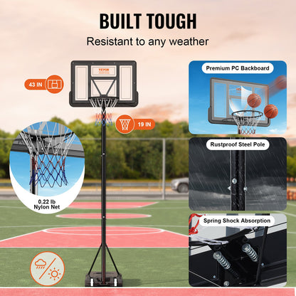 Basketball Hoop, 4-10 ft Adjustable Height Portable Backboard System, 44 inch Basketball Hoop & Goal, Kids & Adults Basketball Set with Wheels, Stand, and Fillable Base, for Outdoor/Indoor