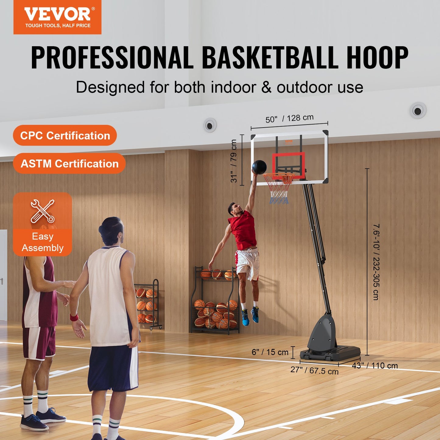 Basketball Hoop, 7.6-10 ft Adjustable Height Portable Backboard System, 50 inch Basketball Hoop & Goal, Kids & Adults Basketball Set with Wheels, Stand, and Fillable Base, for Outdoor/Indoor