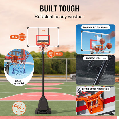 Basketball Hoop, 7.6-10 ft Adjustable Height Portable Backboard System, 50 inch Basketball Hoop & Goal, Kids & Adults Basketball Set with Wheels, Stand, and Fillable Base, for Outdoor/Indoor