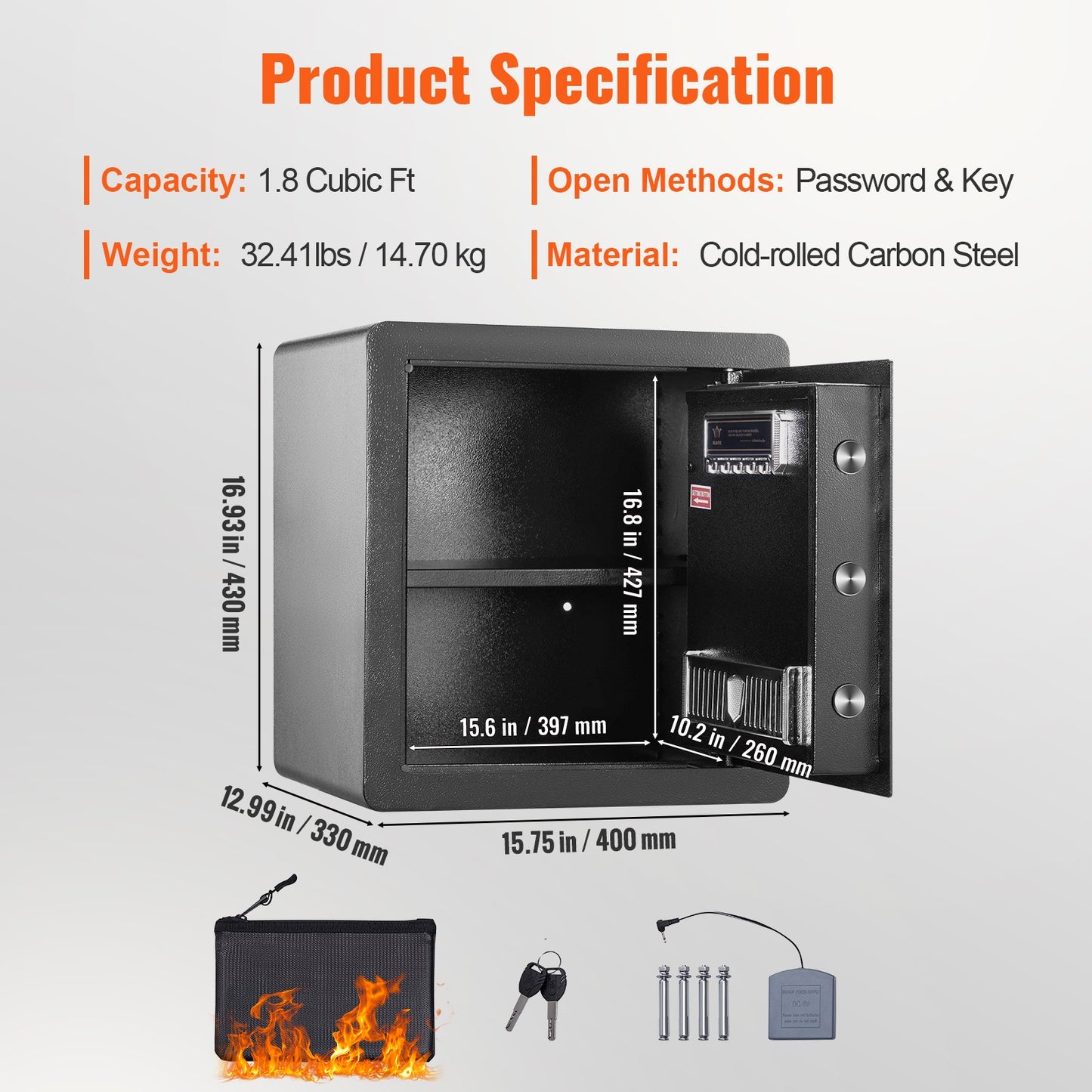 Safe, 51.0 L Home Safe, Steel Security Safe with Digital Keypad and 2 Keys, Cabinet Safe with Fire-proof Bag, Protect Cash, Gold, Jewelry, Documents for Home, Hotel, 40.1 x 33.0 x 42.9 cm