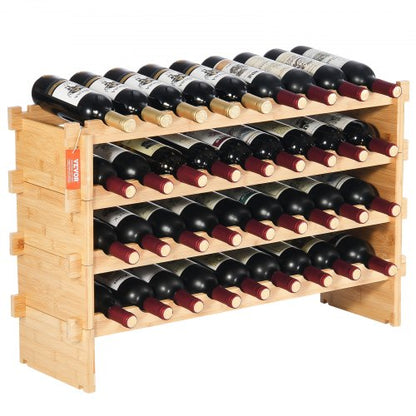 36 Bottle Stackable Modular Wine Rack, 4-Tier Solid Bamboo Wood Storage Racks, Floor Freestanding Wines Holder Display Shelf, Wobble-Free Shelves for Kitchen, Bar, and Cellar (Natural Color)