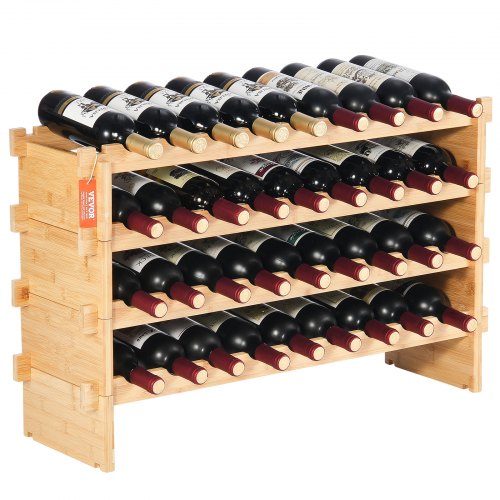 36 Bottle Stackable Modular Wine Rack, 4-Tier Solid Bamboo Wood Storage Racks, Floor Freestanding Wines Holder Display Shelf, Wobble-Free Shelves for Kitchen, Bar, and Cellar (Natural Color)