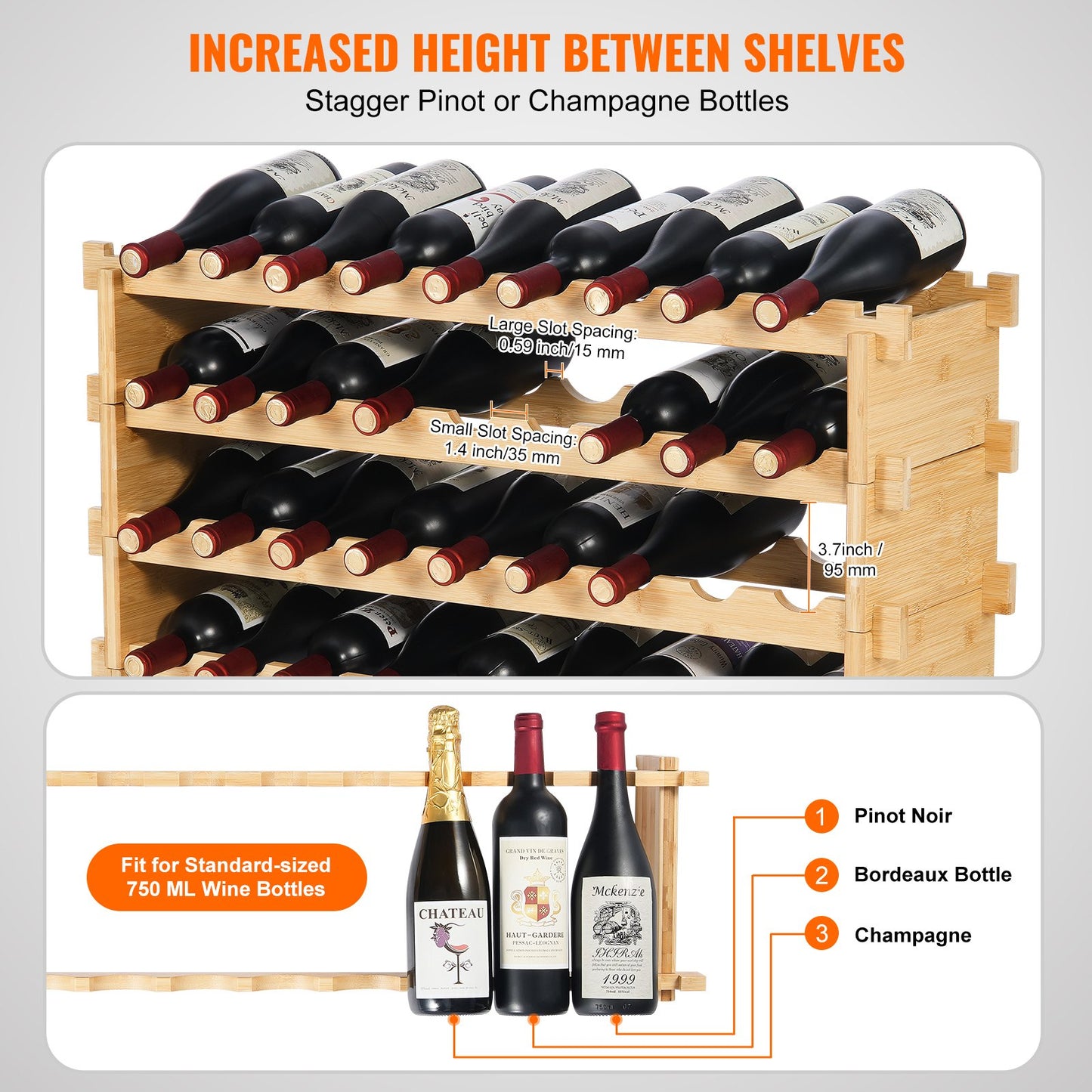 36 Bottle Stackable Modular Wine Rack, 4-Tier Solid Bamboo Wood Storage Racks, Floor Freestanding Wines Holder Display Shelf, Wobble-Free Shelves for Kitchen, Bar, and Cellar (Natural Color)