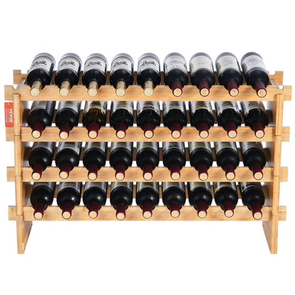 36 Bottle Stackable Modular Wine Rack, 4-Tier Solid Bamboo Wood Storage Racks, Floor Freestanding Wines Holder Display Shelf, Wobble-Free Shelves for Kitchen, Bar, and Cellar (Natural Color)