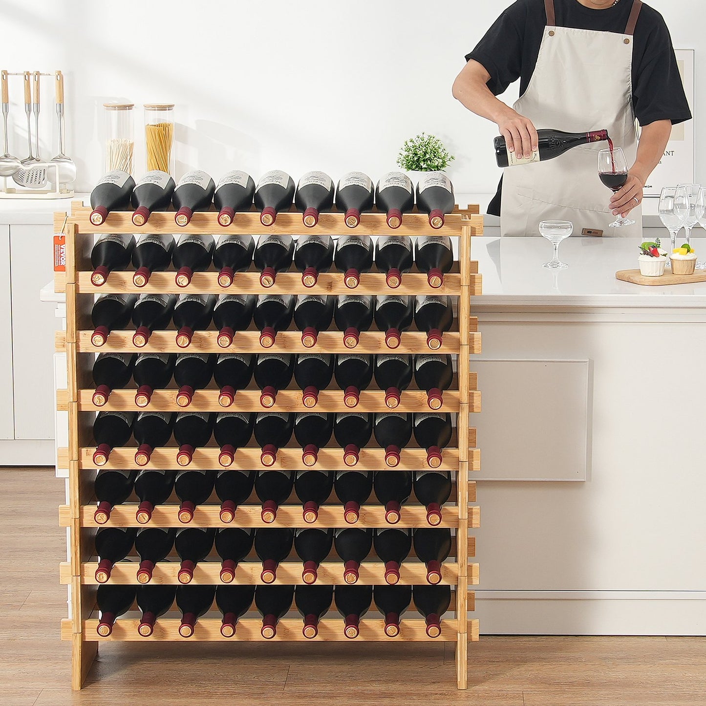 72 Bottle Upgrade Modular Wine Rack, Continuously Store Pinot Bottles, 8-Tier Bamboo Wood Storage Rack, Floor Freestanding Wines Holder Display Shelf, Wobble-Free Shelves for Kitchen Bar Cellar