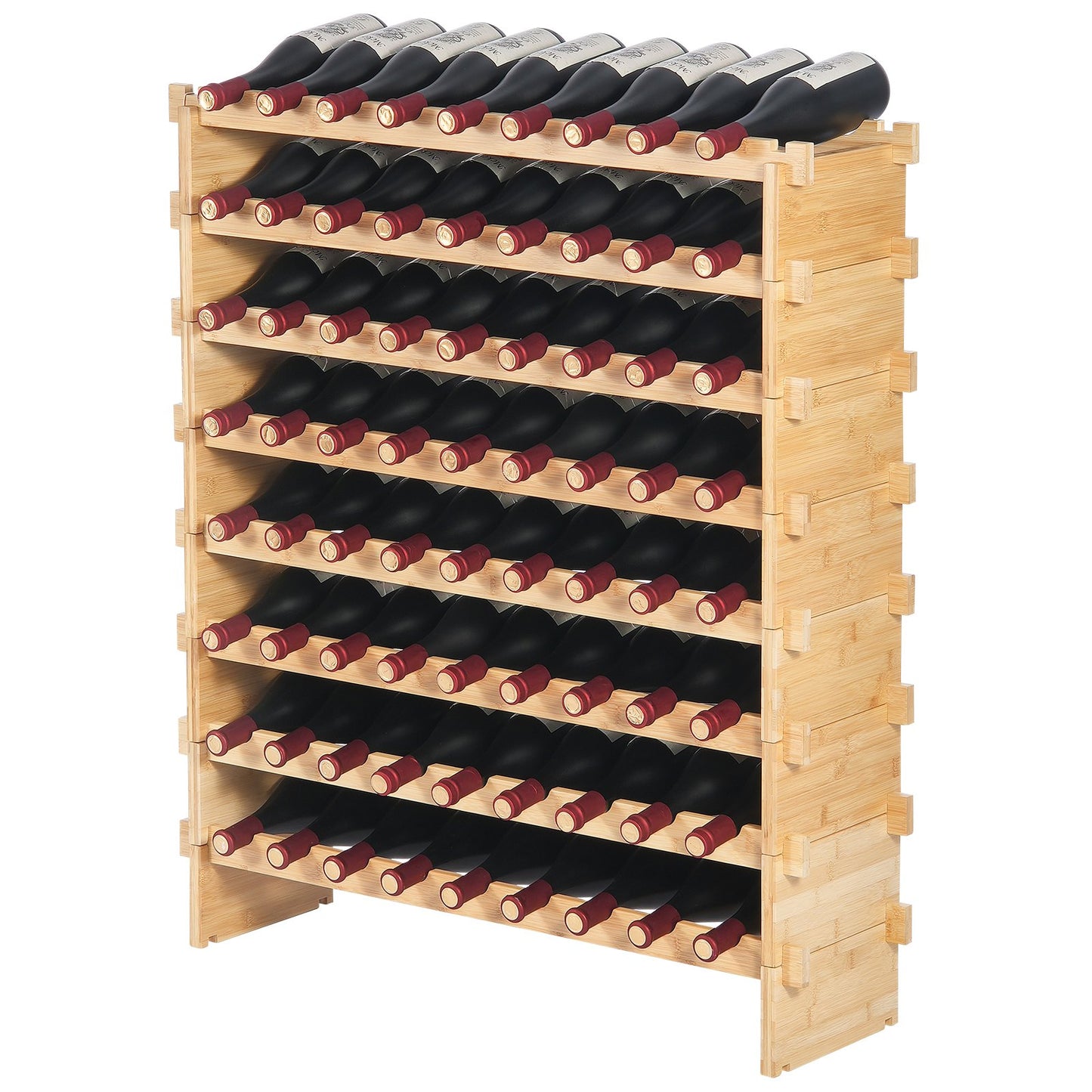 72 Bottle Upgrade Modular Wine Rack, Continuously Store Pinot Bottles, 8-Tier Bamboo Wood Storage Rack, Floor Freestanding Wines Holder Display Shelf, Wobble-Free Shelves for Kitchen Bar Cellar