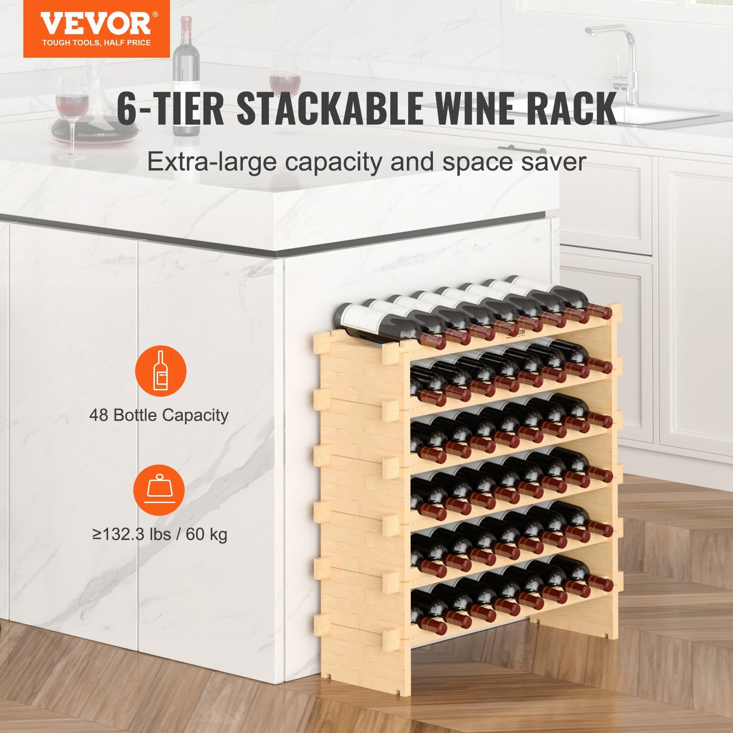 48 Bottle Stackable Modular Wine Rack Bamboo Wood Display Shelf 6-Tier