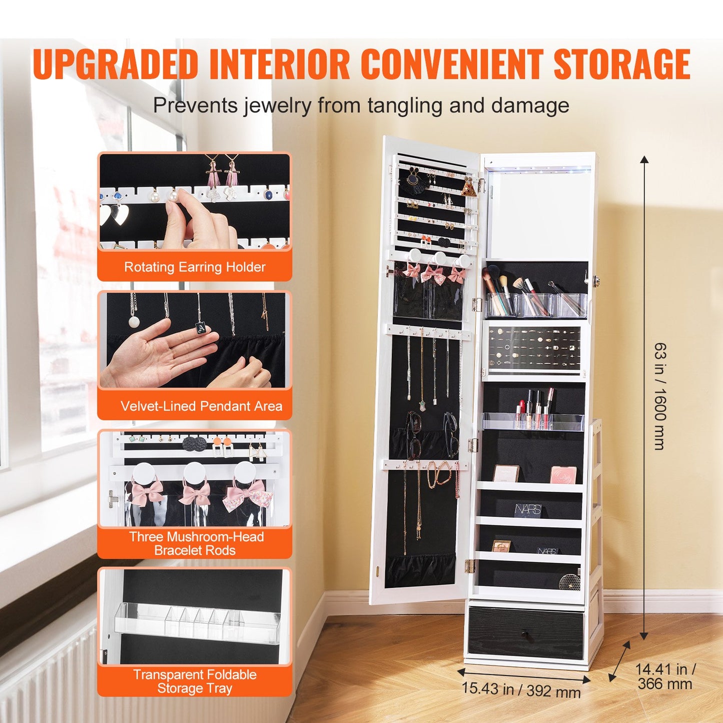 Mirror Jewelry Cabinet, 360° Swivel Standing Mirror with Storage, Lockable Jewelry Mirror Organizer with Full Length Mirror, Velvet Lining, LED Light, Drawer, Freestanding Jewelry Armoire, White