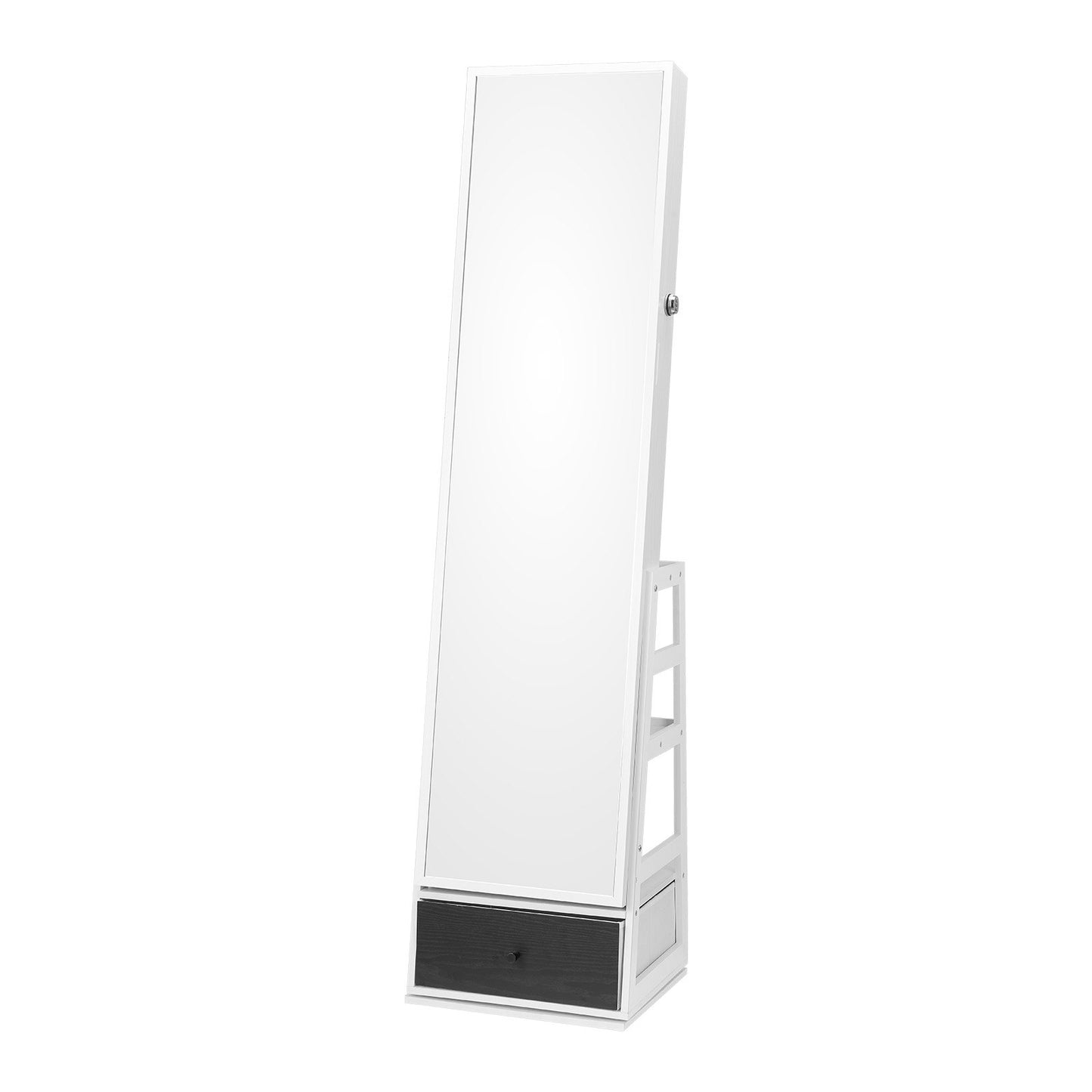 Mirror Jewelry Cabinet, 360° Swivel Standing Mirror with Storage, Lockable Jewelry Mirror Organizer with Full Length Mirror, Velvet Lining, LED Light, Drawer, Freestanding Jewelry Armoire, White