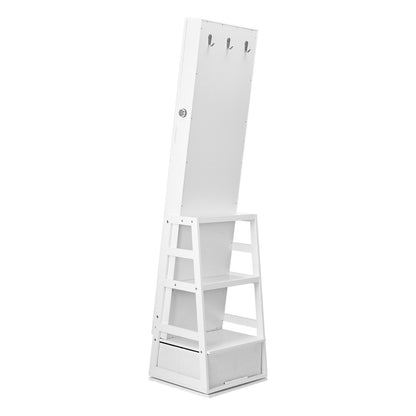 Mirror Jewelry Cabinet, 360° Swivel Standing Mirror with Storage, Lockable Jewelry Mirror Organizer with Full Length Mirror, Velvet Lining, LED Light, Drawer, Freestanding Jewelry Armoire, White