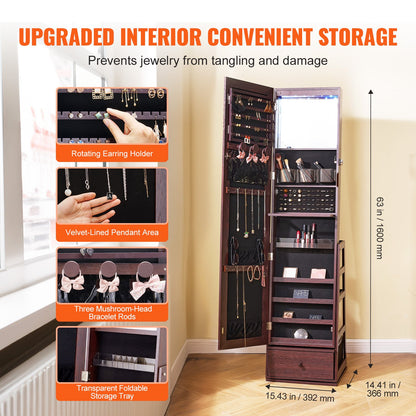 Mirror Jewelry Cabinet, 360° Swivel Standing Mirror with Storage, Lockable Jewelry Mirror Organizer with Full Length Mirror, Velvet Lining, LED Light, Drawer, Freestanding Jewelry Armoire, Brown