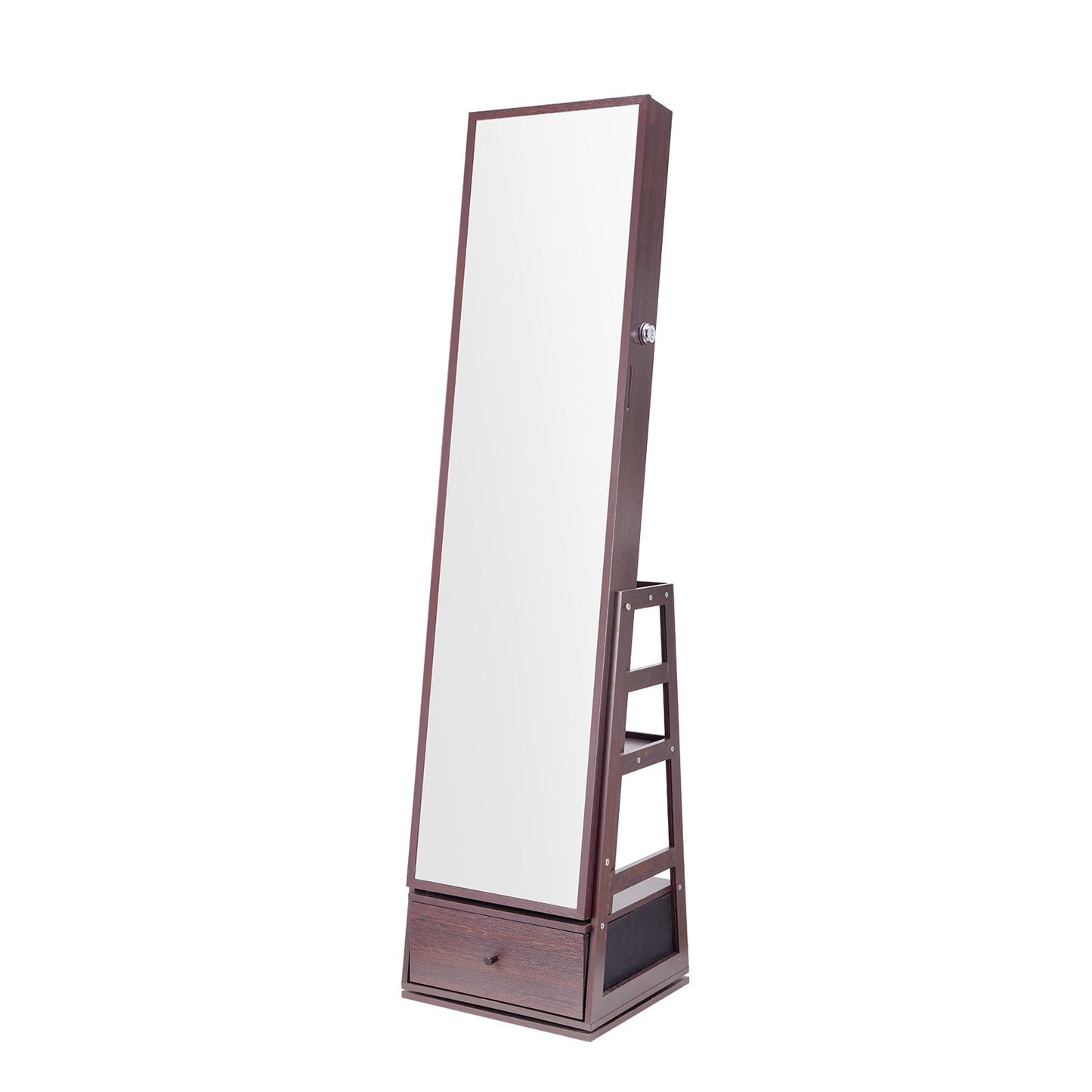 Mirror Jewelry Cabinet, 360° Swivel Standing Mirror with Storage, Lockable Jewelry Mirror Organizer with Full Length Mirror, Velvet Lining, LED Light, Drawer, Freestanding Jewelry Armoire, Brown