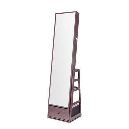 Mirror Jewelry Cabinet, 360° Swivel Standing Mirror with Storage, Lockable Jewelry Mirror Organizer with Full Length Mirror, Velvet Lining, LED Light, Drawer, Freestanding Jewelry Armoire, Brown