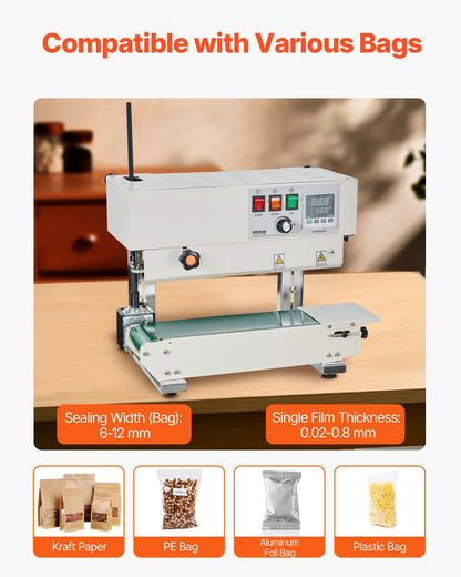 Continuous Bag Band Sealing Machine, 0.24-0.47 in/6-12 mm Seal Width, Vertical Band Sealer Machine with Digital Temperature Control, Carbon Steel Bag Sealer for 0.02-0.8 mm Plastic Bags Films