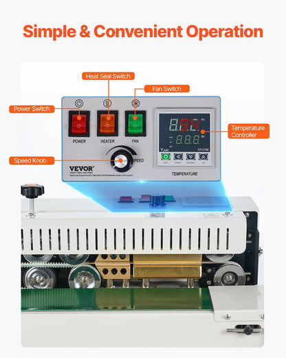 Continuous Bag Band Sealing Machine, 0.24-0.47 in/6-12 mm Seal Width, Vertical Band Sealer Machine with Digital Temperature Control, Carbon Steel Bag Sealer for 0.02-0.8 mm Plastic Bags Films