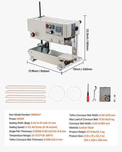 Continuous Bag Band Sealing Machine, 0.24-0.47 in/6-12 mm Seal Width, Vertical Band Sealer Machine with Digital Temperature Control, Carbon Steel Bag Sealer for 0.02-0.8 mm Plastic Bags Films