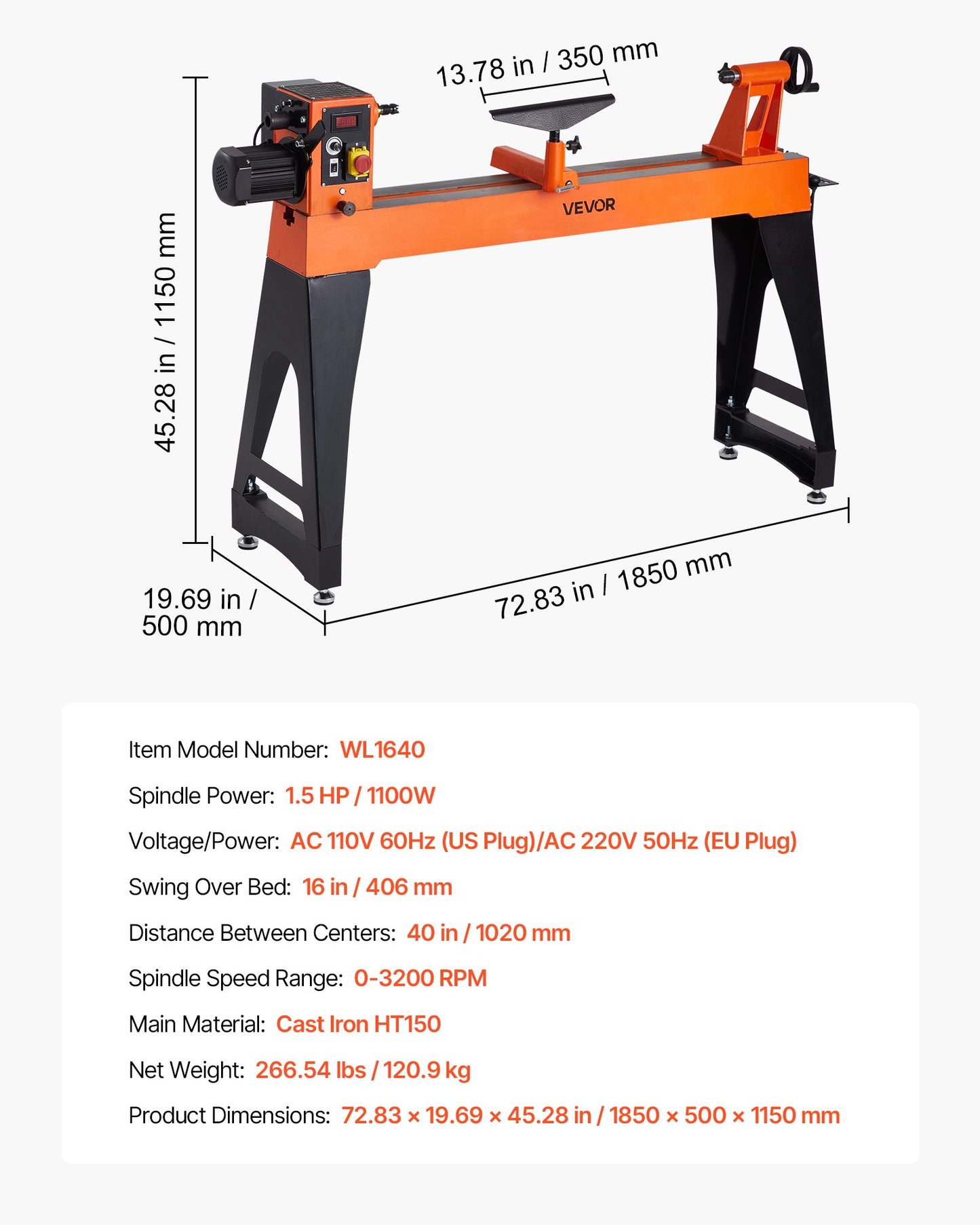 Woodworking Lathe, 1100W / 1.5 HP, Wood Lathe Machine with 0 to 3200 RPM Variable Speed, 406 x 1020 mm Workbench, Brushless DC Motor, Cast Iron Body, Tool Rest, for Medium to Large Projects Woodworking