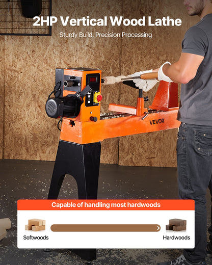 Woodworking Lathe, 1500W / 2 HP, Wood Lathe Machine with 0 to 3200 RPM Variable Speed, 457 x 1020 mm Workbench, Brushless DC Motor, Cast Iron Body, Tool Rest, for Medium to Large Projects Woodworking