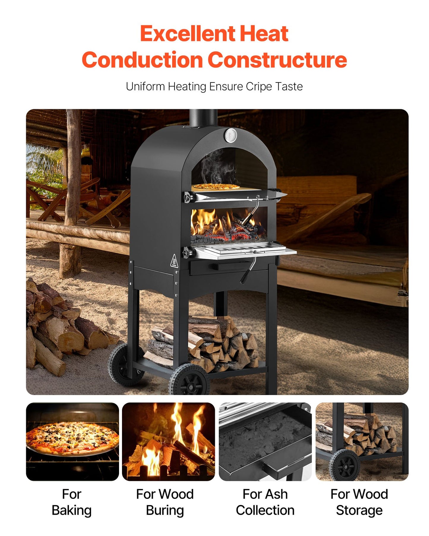 Outdoor Pizza Oven, 12" Pellet Fire Ovens, 2-Layer Pizza Oven Wood Fired, Wood Burning Outdoor Pizza-Oven with 2 Removable Wheels, 1000℉ Max Temperature Fired Pizza-Maker Ovens for Barbecue
