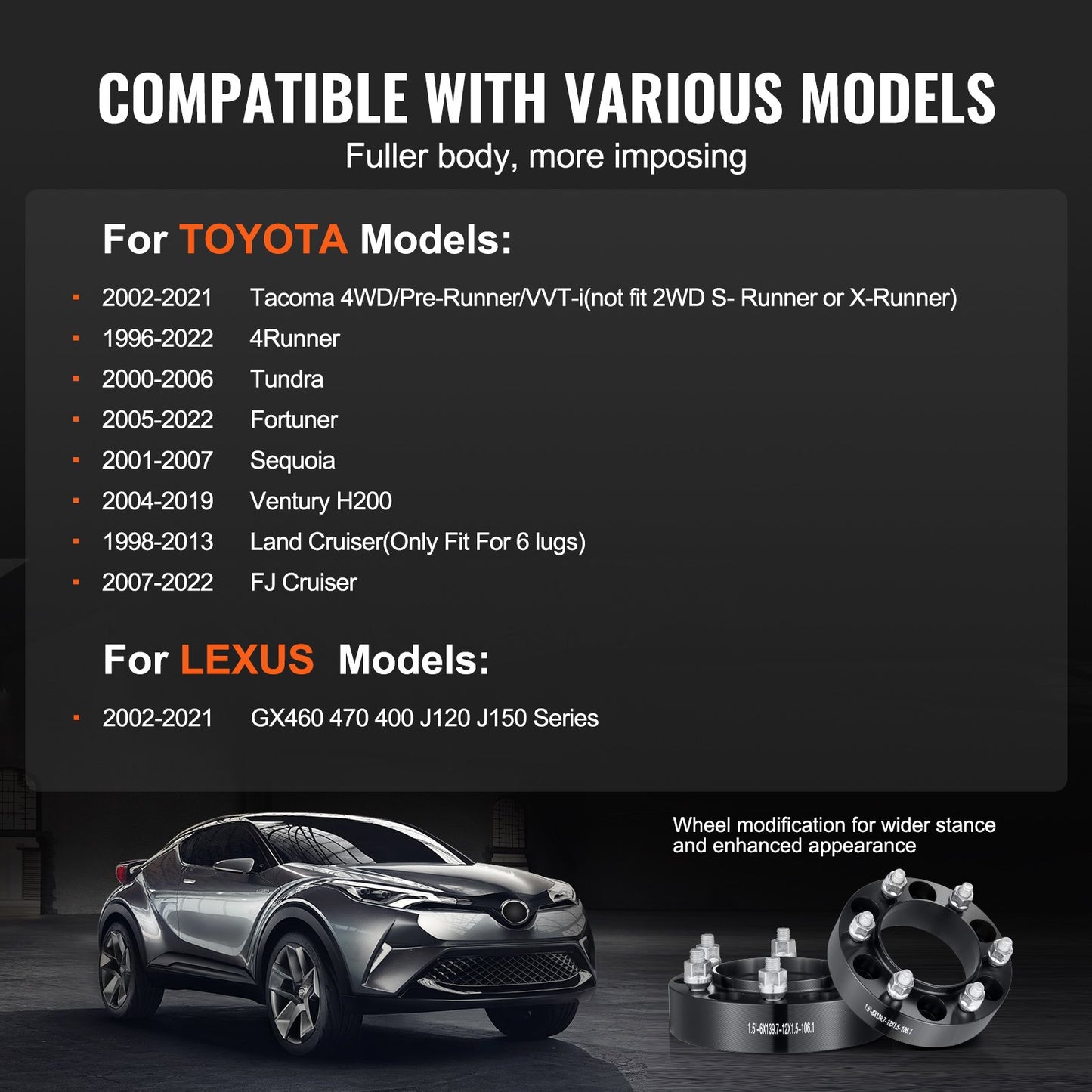 Wheel Spacers, 1.5" 6"x5.5" Wheel Adapters, 6 Lug Forged Spacer, 106.1 mm Bore Hubcentric M12 x1.5 Studs Spacers, Fit for 1996-2022 Toyota and Lexus, 4 PCS Black