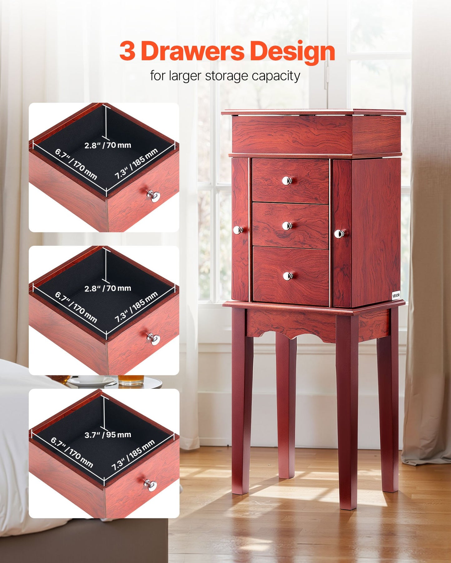 Jewelry Cabinet Armoire, Standing Wood Jewelry Storage Chest with 3 Drawers, Flip Top Mirror, 4 Top Storage Compartments, Zinc Alloy Handles, 2 Side Doors with 6 Necklace Hooks