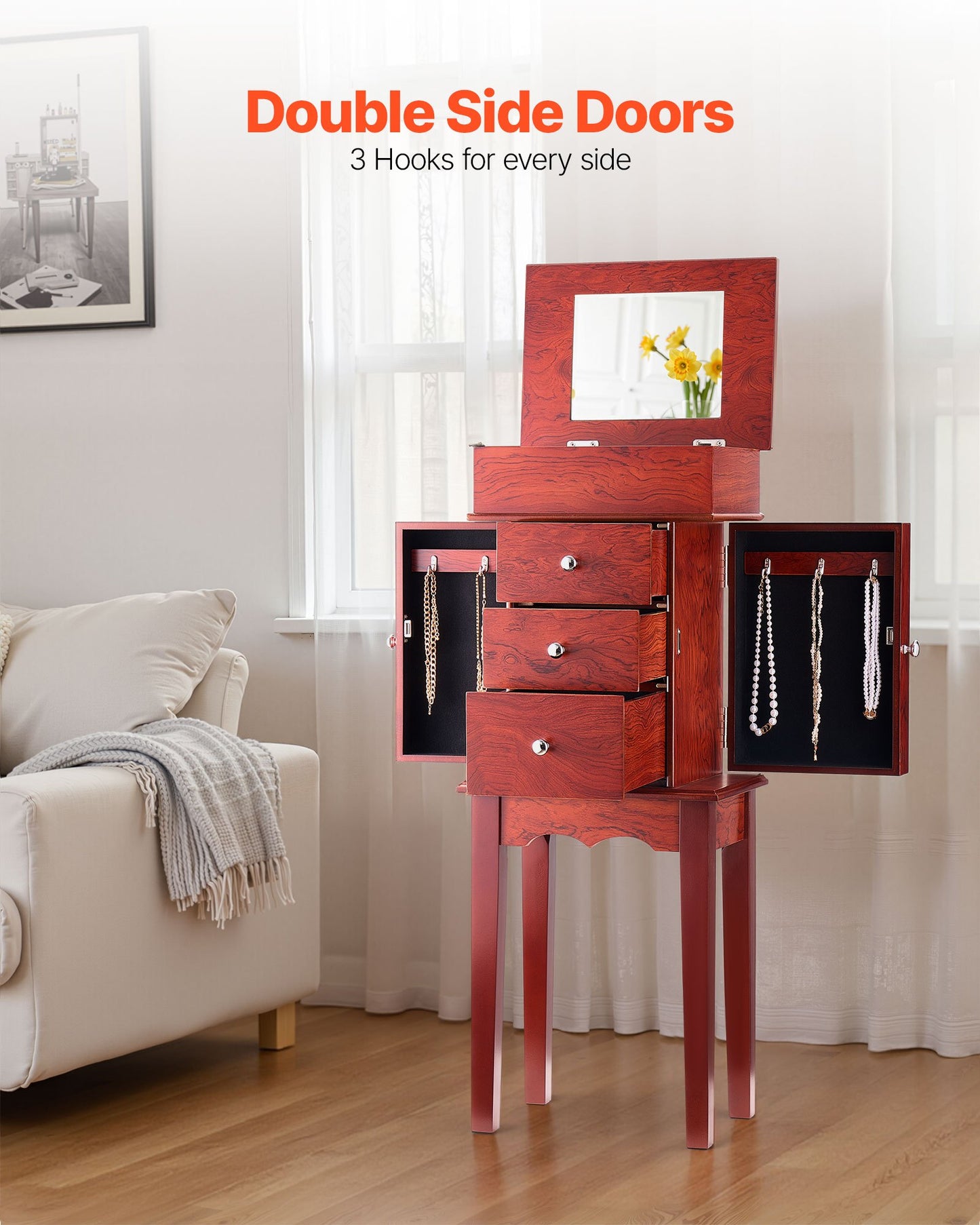 Jewelry Cabinet Armoire, Standing Wood Jewelry Storage Chest with 3 Drawers, Flip Top Mirror, 4 Top Storage Compartments, Zinc Alloy Handles, 2 Side Doors with 6 Necklace Hooks