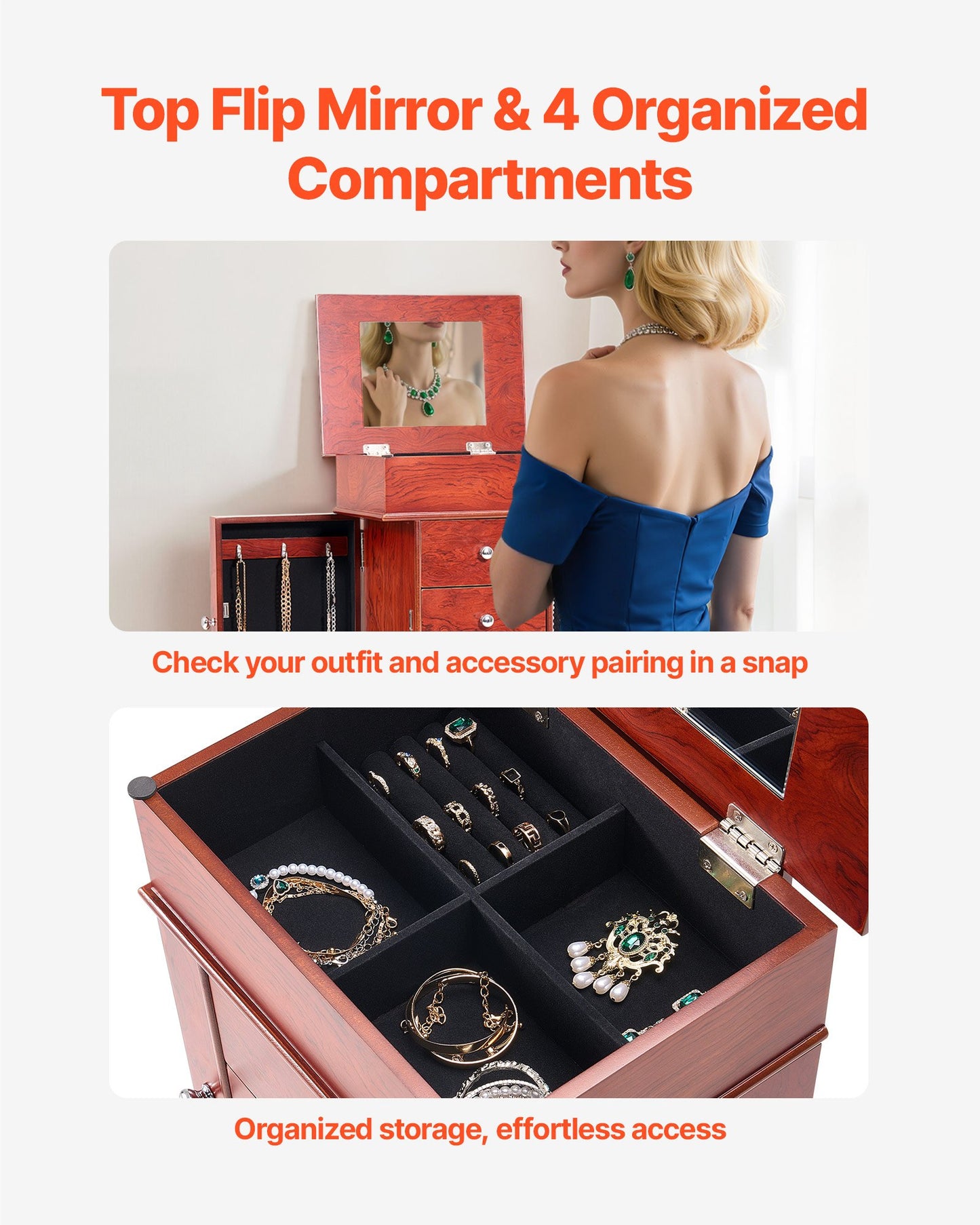 Jewelry Cabinet Armoire, Standing Wood Jewelry Storage Chest with 3 Drawers, Flip Top Mirror, 4 Top Storage Compartments, Zinc Alloy Handles, 2 Side Doors with 6 Necklace Hooks