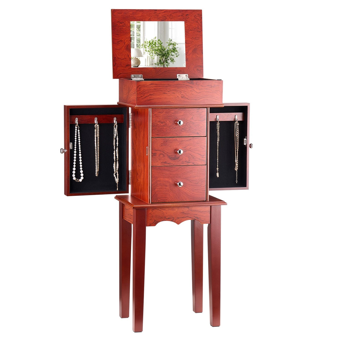 Jewelry Cabinet Armoire, Standing Wood Jewelry Storage Chest with 3 Drawers, Flip Top Mirror, 4 Top Storage Compartments, Zinc Alloy Handles, 2 Side Doors with 6 Necklace Hooks