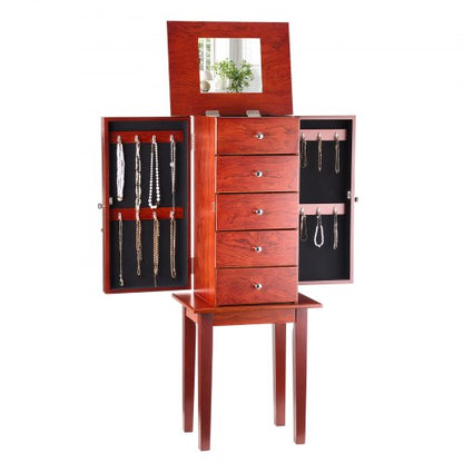 Jewelry Cabinet Armoire, Standing Wood Jewelry Storage Chest with 4 Spacious Drawers, Flip Top Mirror, 4 Top Storage Compartments, Zinc Alloy Handles, 2 Side Doors with 16 Necklace Hooks