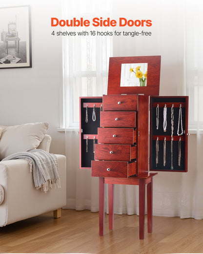 Jewelry Cabinet Armoire, Standing Wood Jewelry Storage Chest with 4 Spacious Drawers, Flip Top Mirror, 4 Top Storage Compartments, Zinc Alloy Handles, 2 Side Doors with 16 Necklace Hooks