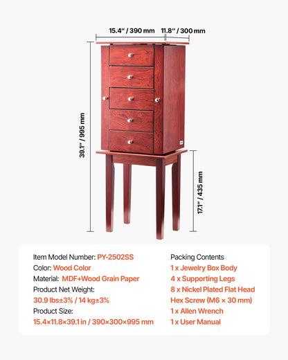 Jewelry Cabinet Armoire, Standing Wood Jewelry Storage Chest with 4 Spacious Drawers, Flip Top Mirror, 4 Top Storage Compartments, Zinc Alloy Handles, 2 Side Doors with 16 Necklace Hooks