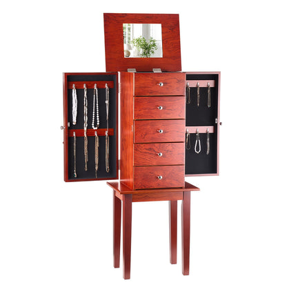 Jewelry Cabinet Armoire, Standing Wood Jewelry Storage Chest with 4 Spacious Drawers, Flip Top Mirror, 4 Top Storage Compartments, Zinc Alloy Handles, 2 Side Doors with 16 Necklace Hooks