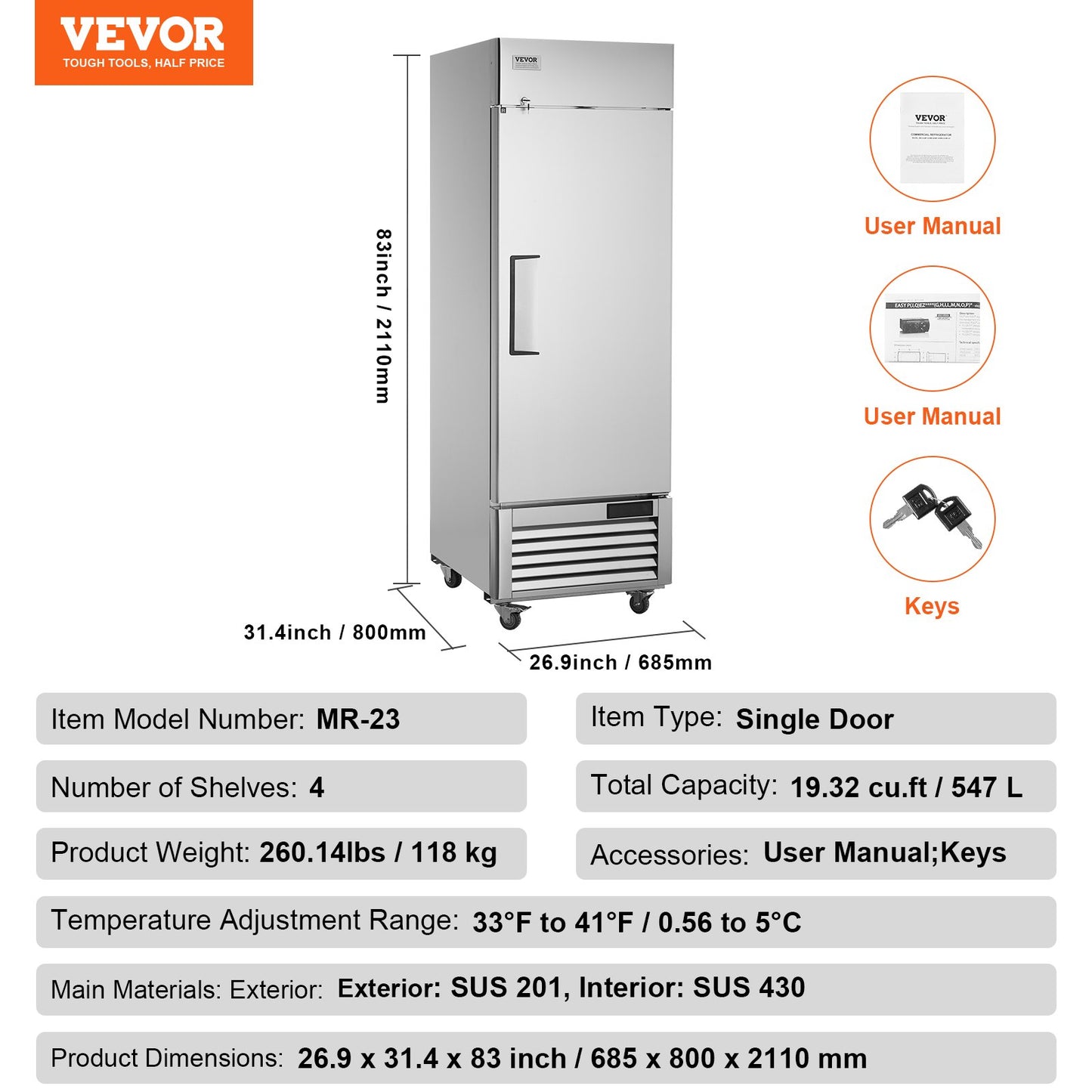 Gewerbekühlschrank, 20,12 Kubikfuß, freistehender Kühlschrank mit einer Tür, automatischer Abtaufunktion, Edelstahl, 3 Ablagen, Temperaturregelung von 28,4 bis 46,4 °F und 4 Rollen