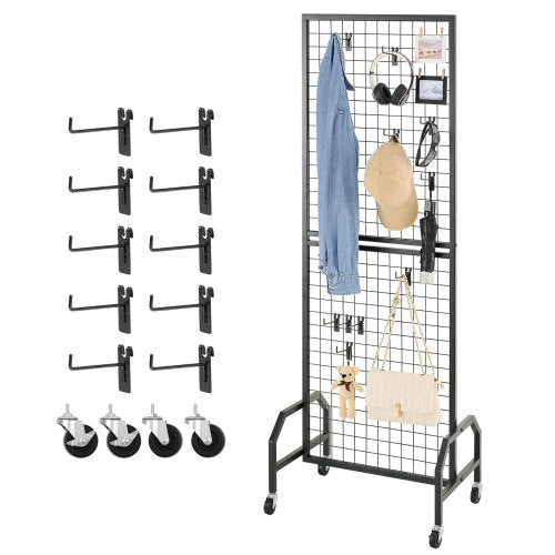 Grid Wall Panel, 600 x 1640 mm Wire Grid Panels Display Rack, Movable Art Display Shelf with Wheels and 10 Hooks, Black Carbon Steel Gridwall for Craft Show, Decoration, Storage, Notice Board