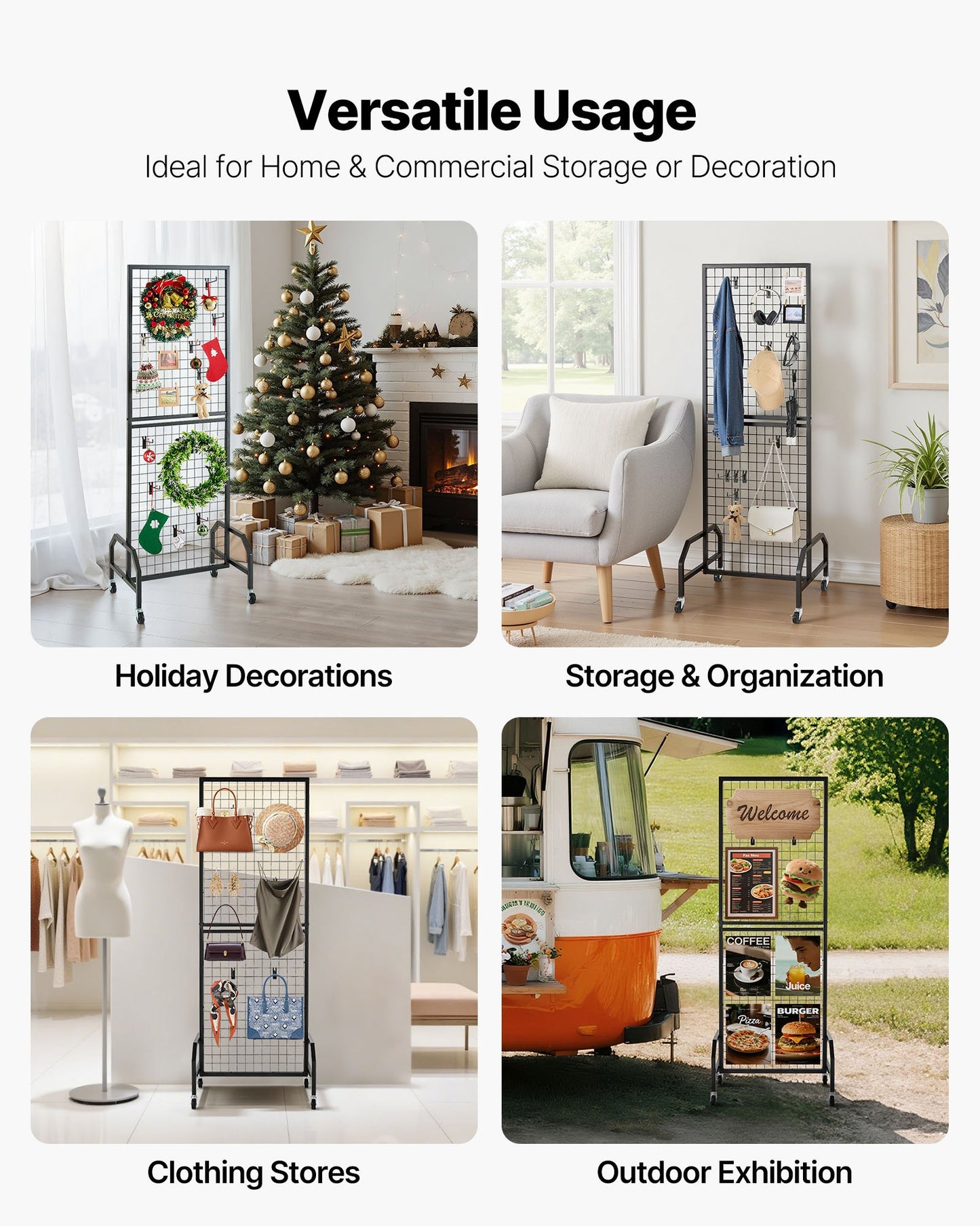 Grid Wall Panel, 600 x 1640 mm Wire Grid Panels Display Rack, Movable Art Display Shelf with Wheels and 10 Hooks, Black Carbon Steel Gridwall for Craft Show, Decoration, Storage, Notice Board