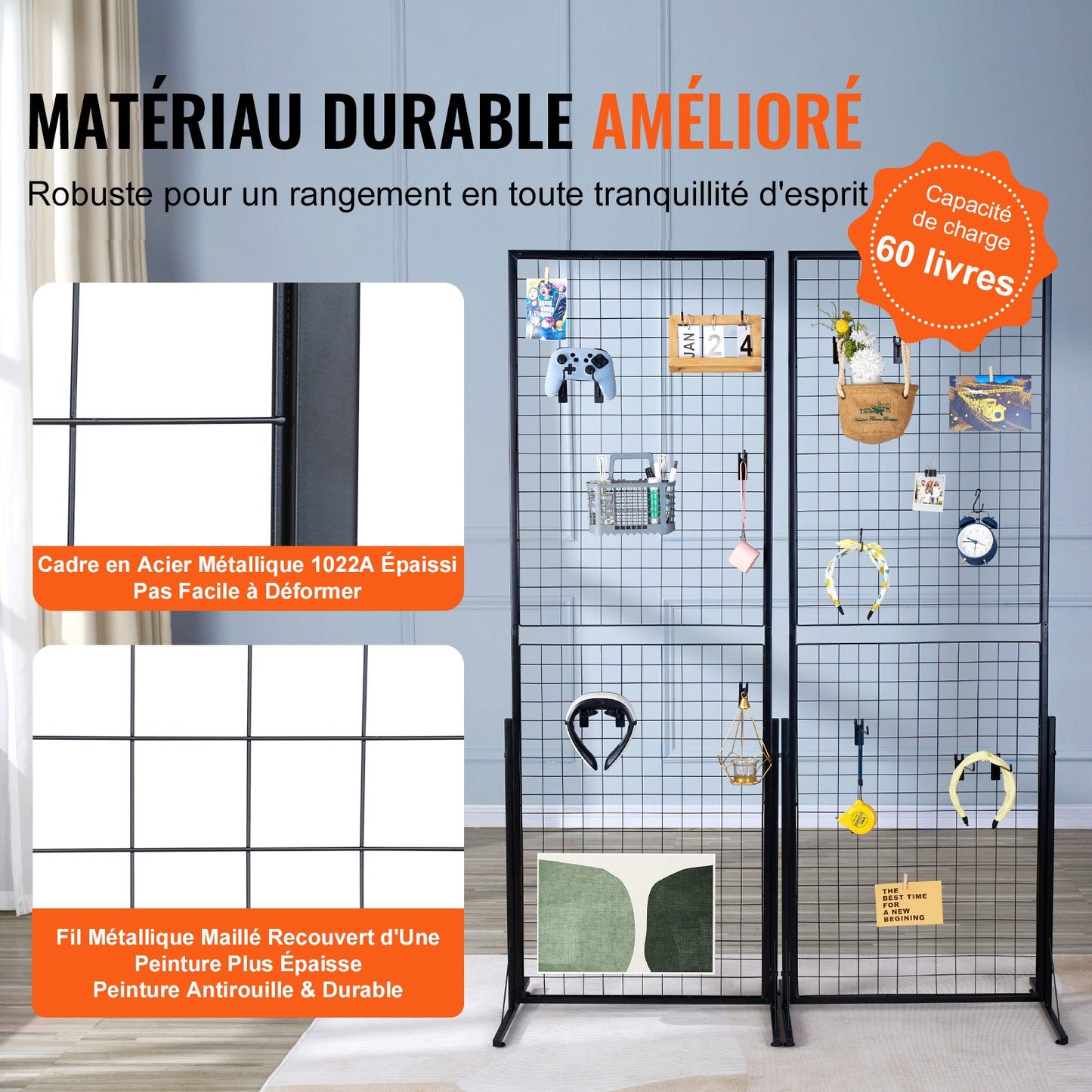 61 x170.7 cm Grid Wall Panels Tower, 2 Packs Wire Gridwall Display Racks with T-Base Floorstanding, Double Side Gridwall Panels for Art Craft Shows, Retail Display with Extra Clips and Hooks