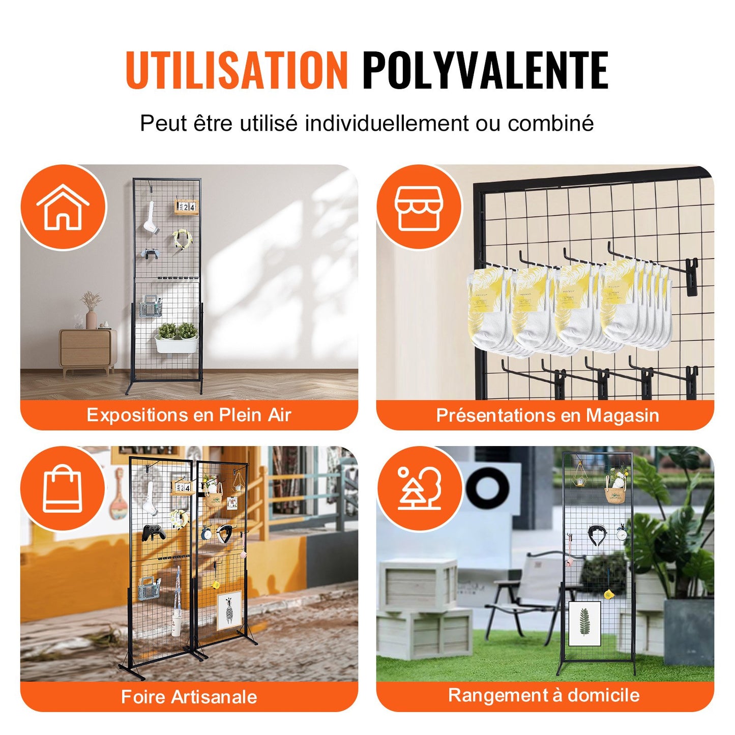 61 x170.7 cm Grid Wall Panels Tower, 2 Packs Wire Gridwall Display Racks with T-Base Floorstanding, Double Side Gridwall Panels for Art Craft Shows, Retail Display with Extra Clips and Hooks