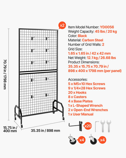 2 Packs Grid Wall Panels, 898 x 1798 mm Wire Grid Panels Display Rack, Movable Art Display Shelf with Wheels & 10 Hooks, Black Carbon Steel Gridwall for Craft Show, Decor, Storage, Notice Board