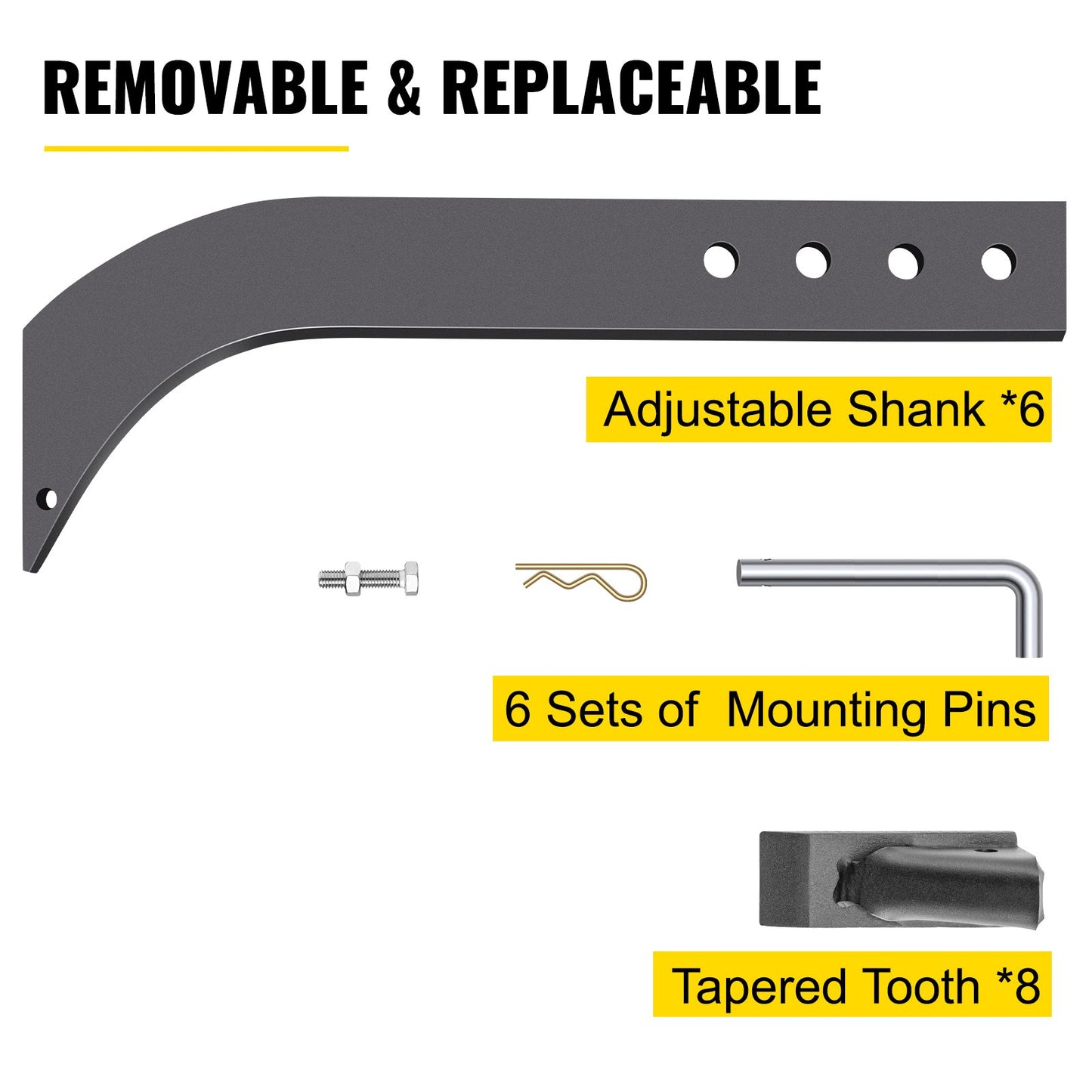 Box Blade Shank, 18" Scarifier Shank, 4 Holes Box Scraper Shank, Ripper Shank with Removable Tapered Teeth and Pins, Adjustable Shanks Assembly for Replacement, Digging, Plowing, 6PCS