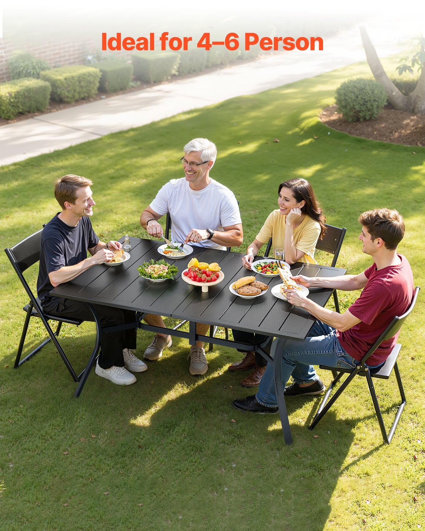 Gartentisch, 150 cm lang, rechteckig, aus Metall mit Stahllatten, für 4–6 Personen, mit 38-mm-Schirmloch, wetterfest, für Rasen, Garten oder Veranda, Schwarz