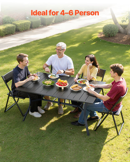 Gartentisch, 150 cm lang, rechteckig, aus Metall mit Stahllatten, für 4–6 Personen, mit 38-mm-Schirmloch, wetterfest, für Rasen, Garten oder Veranda, Schwarz