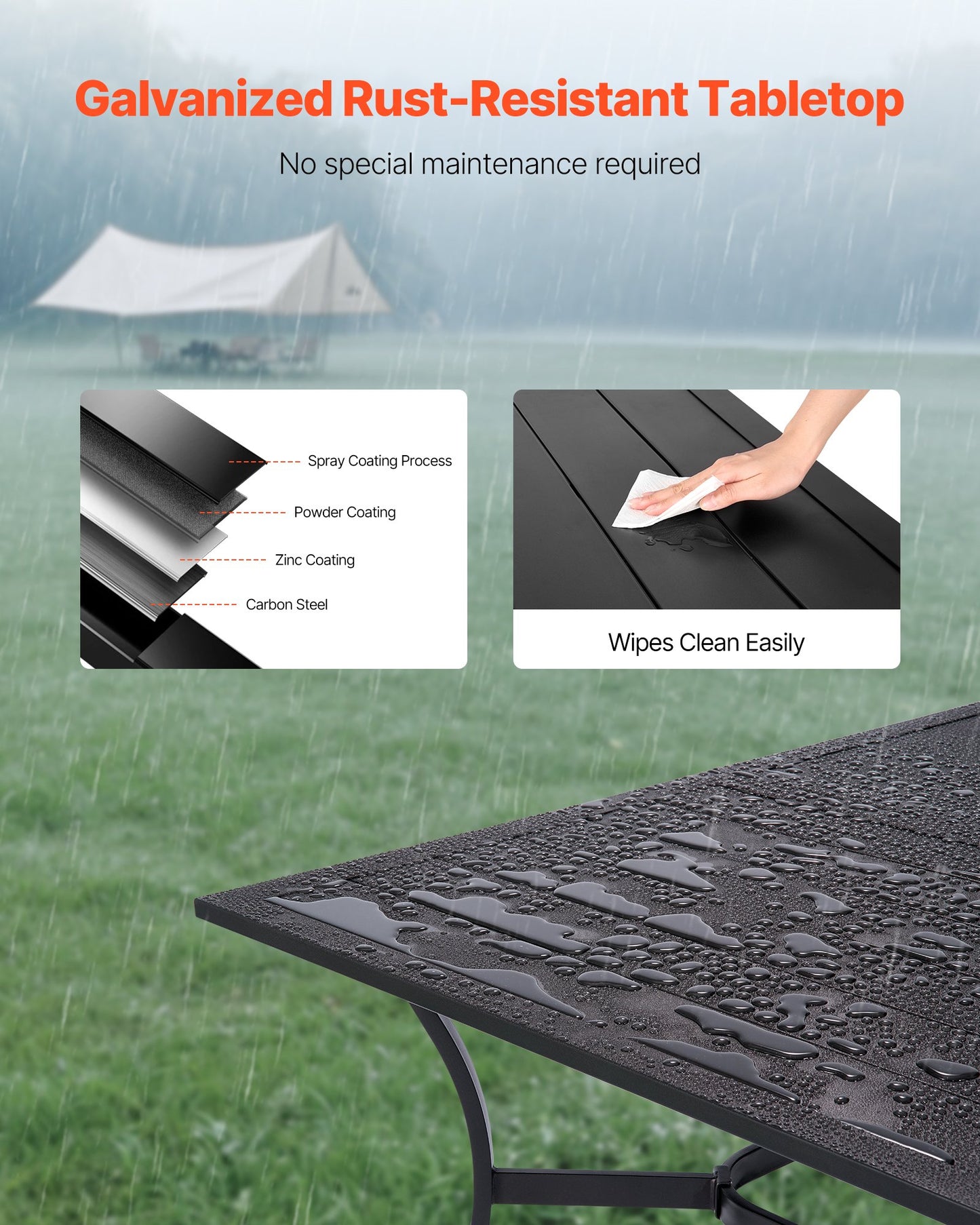 Gartentisch, 150 cm lang, rechteckig, aus Metall mit Stahllatten, für 4–6 Personen, mit 38-mm-Schirmloch, wetterfest, für Rasen, Garten oder Veranda, Schwarz