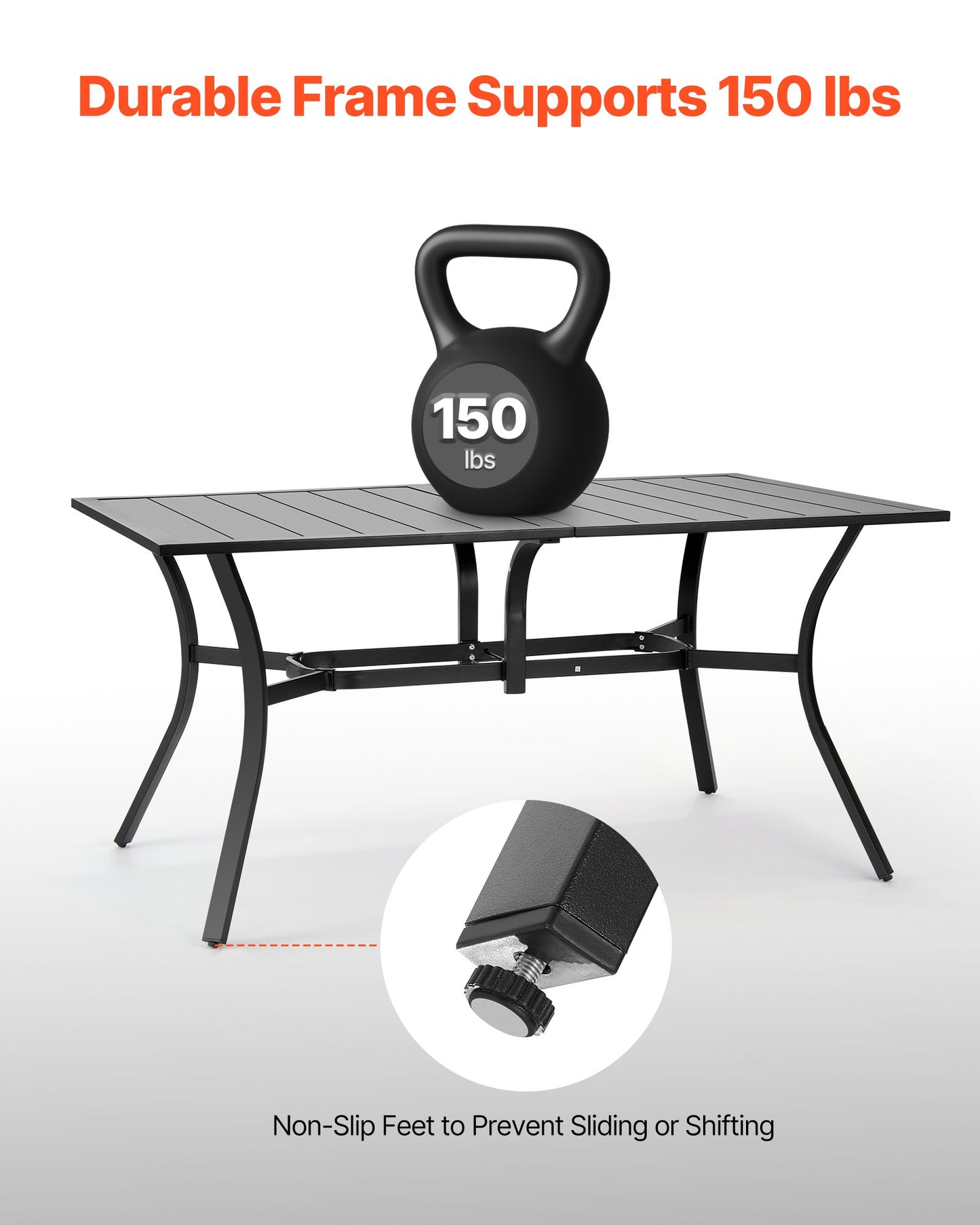 Gartentisch, 150 cm lang, rechteckig, aus Metall mit Stahllatten, für 4–6 Personen, mit 38-mm-Schirmloch, wetterfest, für Rasen, Garten oder Veranda, Schwarz