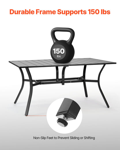 Gartentisch, 150 cm lang, rechteckig, aus Metall mit Stahllatten, für 4–6 Personen, mit 38-mm-Schirmloch, wetterfest, für Rasen, Garten oder Veranda, Schwarz