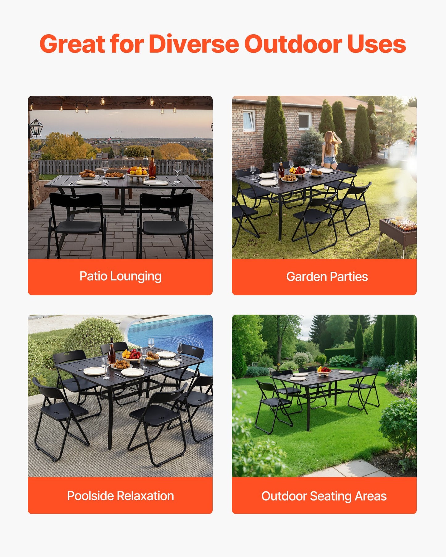 Gartentisch, 150 cm lang, rechteckig, aus Metall mit Stahllatten, für 4–6 Personen, mit 38-mm-Schirmloch, wetterfest, für Rasen, Garten oder Veranda, Schwarz