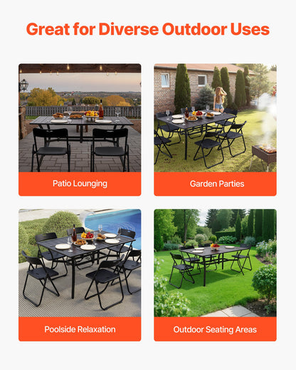 Gartentisch, 150 cm lang, rechteckig, aus Metall mit Stahllatten, für 4–6 Personen, mit 38-mm-Schirmloch, wetterfest, für Rasen, Garten oder Veranda, Schwarz