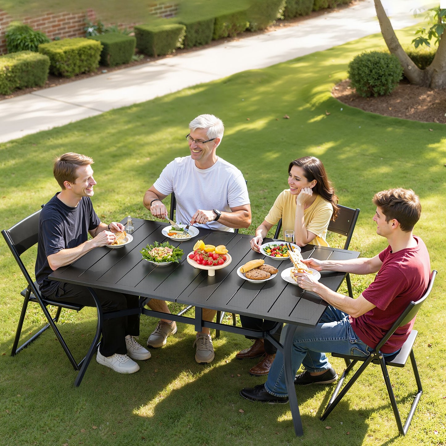 Gartentisch, 150 cm lang, rechteckig, aus Metall mit Stahllatten, für 4–6 Personen, mit 38-mm-Schirmloch, wetterfest, für Rasen, Garten oder Veranda, Schwarz