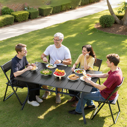 Gartentisch, 150 cm lang, rechteckig, aus Metall mit Stahllatten, für 4–6 Personen, mit 38-mm-Schirmloch, wetterfest, für Rasen, Garten oder Veranda, Schwarz